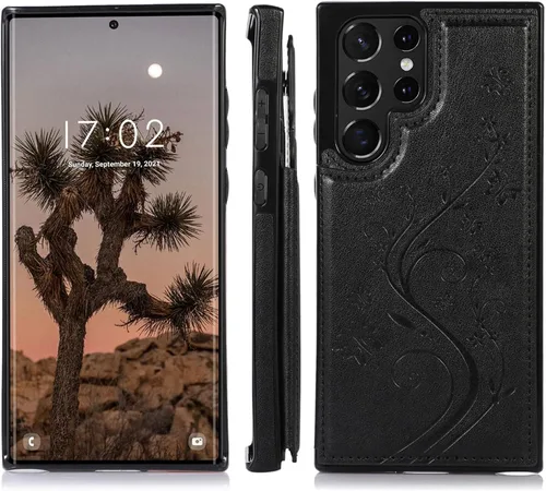 Vista 4 de Asuwish Funda para Samsung Galaxy S22 Ultra con protector de pantalla de vidrio templado, funda de cuero con soporte para tarjetas, doble cierre