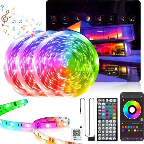Vista 6 de GANZQH Luces LED para dormitorio de 200 pies (2 x 100 pies), tira de luces LED RGB que cambian de color con sincronización de música, control remoto