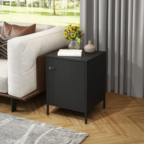 Vista 4 de Steehoom Mesita de noche con cerradura y estante ajustable, armario con cerradura para dormitorio, mesita de noche de metal con cerradura