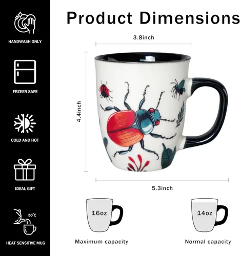 Vista 2 de Taza de Escarabajo de 16 oz que Cambia de Color - Taza de Café de Cerámica para Amantes de los Insectos - Regalo Novedoso con Temática de Insectos