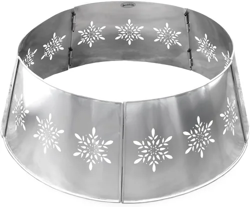Vista 2 de AuldHome Design Collar de árbol estilo granja con copos de nieve (base de 29 pulgadas de diámetro, plateado), esmaltado vintage, adorno para árbol