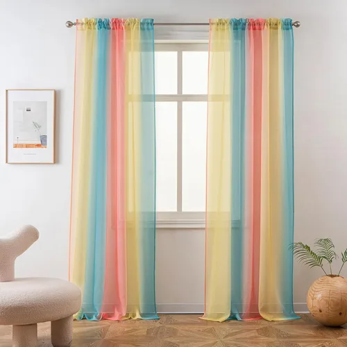 Vista 15 de Cortinas Yancorp traslúcidas de 2 paneles para dormitorio de 63 pulgadas de largo, cortinas de lino azulbeige ombre con bolsillo para barra
