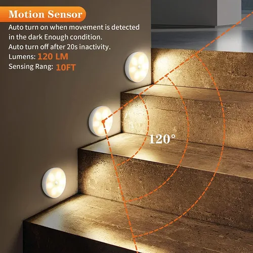 Vista 2 de Luces LED de color cálido para armario, luz de disco con sensor de movimiento, luces de paso de disco recargables por USB, iluminación regulable