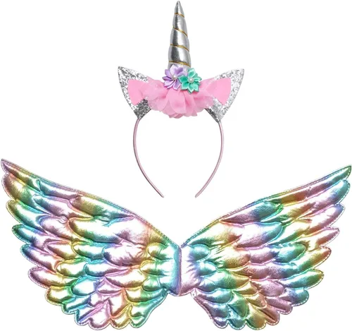 Vista 7 de QPANCY Vestidos de unicornio para niñas, trajes de concurso de princesa, diadema y ala a juego