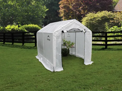 Vista 5 de ShelterLogic Invernadero GrowIT de 6' x 8' x 6.5' Estilo Techo a Dos Aguas Casa de Cultivo para Patio Trasero con Estantería Integrada, 6' x 8' x