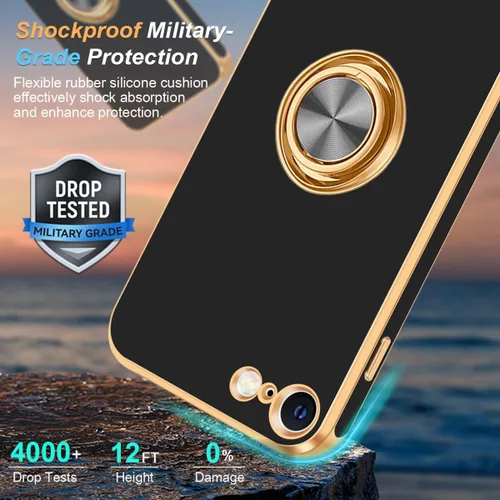 Vista 3 de Fingic Funda para iPhone SE 2022, iPhone SE 2020 [con soporte de anillo de 360°] [soporte magnético giratorio] [chapado en oro brillante] Funda