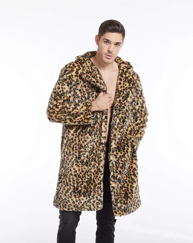 Vista 3 de UMREN Abrigos de piel sintética de leopardo para hombre, chaqueta larga de lujo, parka cárdigans