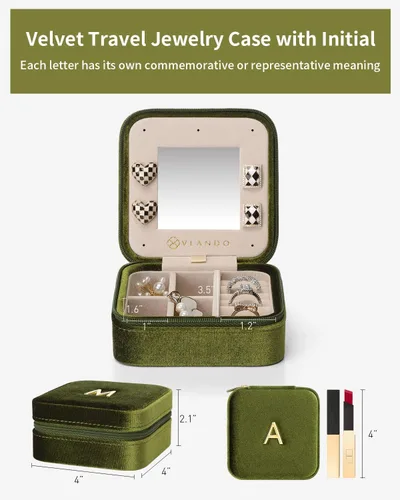 Vista 5 de Vlando Joyero de viaje de terciopelo afelpado, joyeros personalizados con iniciales para mujeres y niñas, mini organizador de viaje de joyería