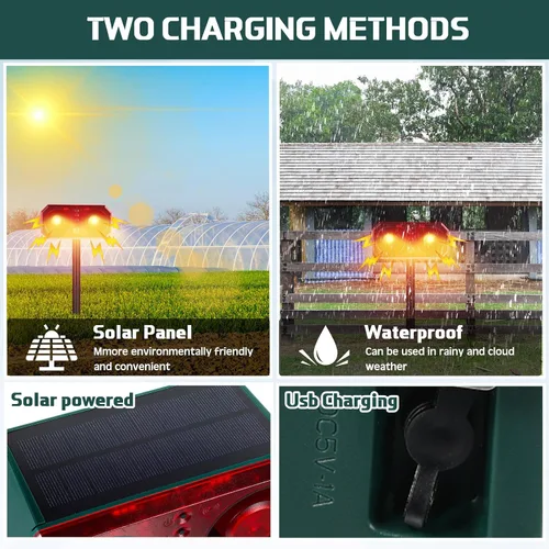 Vista 5 de Qualirey - 2 unidades de alarma solar con sensor de movimiento para exteriores con estaca disuasorio de animales, sensor de ladridos de perro, 13