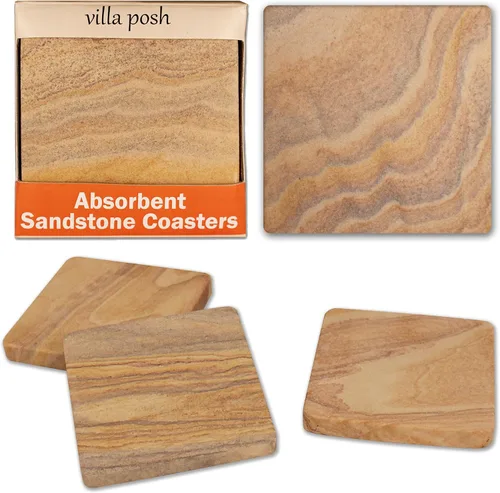 Vista 8 de Posavasos de piedra arenisca absorbente natural, protege los muebles, uso en interiores y exteriores, cuadrado de 4 pulgadas (paquete de 4)