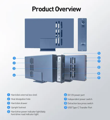 Vista 4 de IO CREST Caja USB tipo C de una sola bahía de 10 Gbps para HDD SATA de 2.5" y 3.5