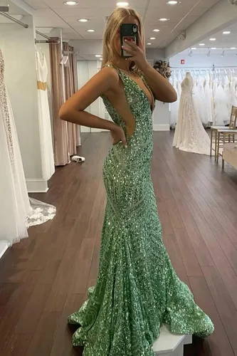Vista 4 de Vestido de fiesta de sirena con lentejuelas brillantes, cuello en V profundo, espalda descubierta, vestidos de fiesta formales con tren