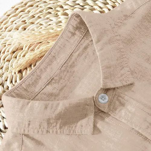 Vista 4 de Ymosrh Camisas casuales de lino de manga larga para hombre, camisa casual sin cuello, cuello alto, camisa hawaiana