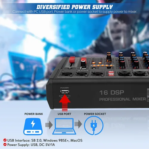 Vista 3 de Pyle Mezclador profesional de audio DJ - Controlador de 3 canales con 16 efectos DSP preestablecidos - Interfaz USB - 3 entradas de micrófono/línea