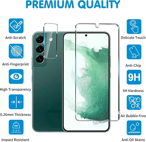 Vista 2 de Protector de pantalla (paquete de 3) para Samsung Galaxy S22 5G, vidrio templado 9H, compatible con huellas dactilares ultrasónicas, transparente