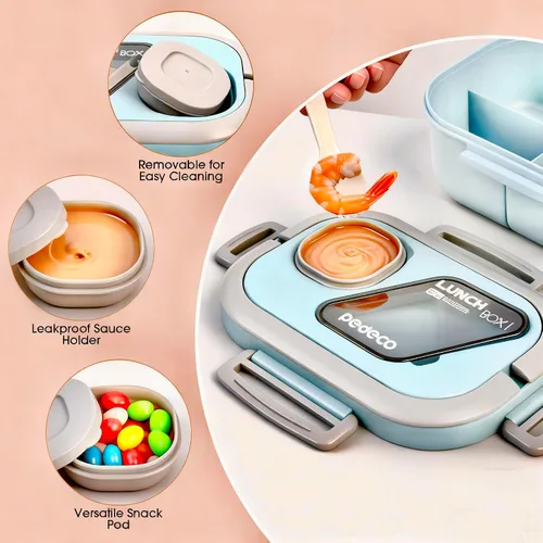 Vista 4 de PEDECO - Caja Bento azul con bolsa, apilable de 2 niveles con utensilios y caja de salsa 3 compartments prevent food mixing,Portable sauce pod