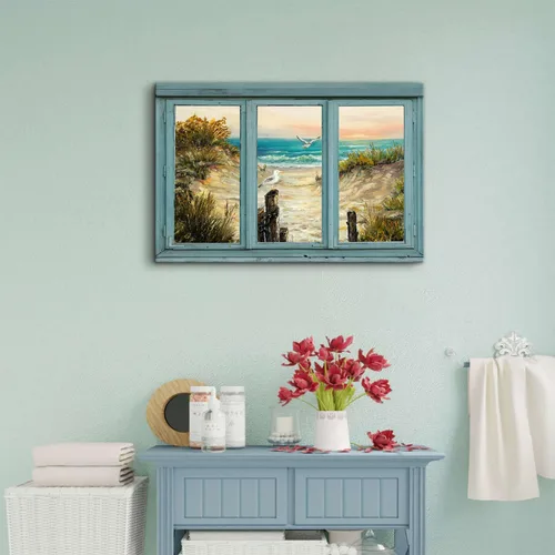 Vista 4 de Cuadro de pared con ventana de playa, paisaje oceánico, decoración de pared, paisaje costero, gaviota, impresiones en lienzo, pintura tropical