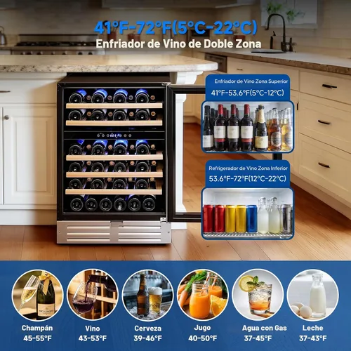 Vista 6 de BODEGA 24 Inch Wine Fridge, 46 Bottle, 41–72°F, Dual-Zone Temp Control.
