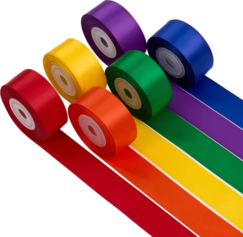 Vista 21 de Cinta de satén arco iris multicolor de 3/8 pulgadas, surtido de 6 rollos de cinta delgada de arco iris para envolver, tarjeta de invitación, Arco