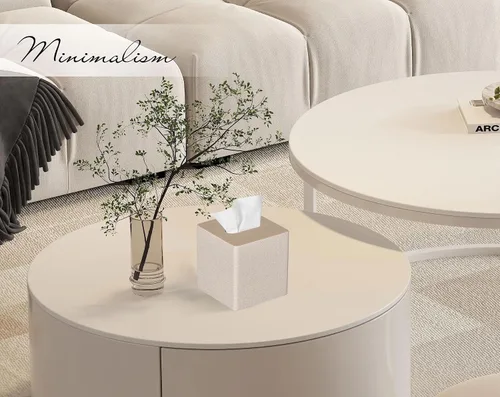 Vista 2 de Caja de pañuelos cuadrados para caja de pañuelos, paquete de 2 unidades, soporte de piel sintética para decoración de tocador de baño (beige)