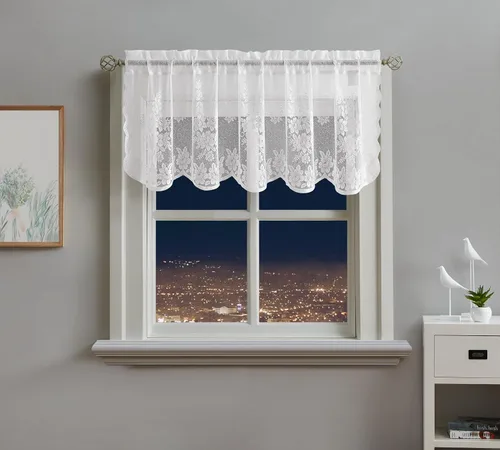 Vista 12 de Warm Home Designs El paquete de 3 cortinas de lino dorado para ventana de cocina incluye 2 niveles de 24 pulgadas y cenefa con festón. Juego