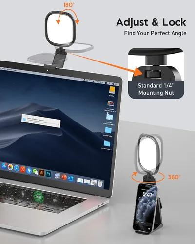 Vista 6 de Anillo de luz mejorado para laptop, monitor y escritorio: luz LED difusa para computadora con clip seguro para pantalla, soporte de monitor