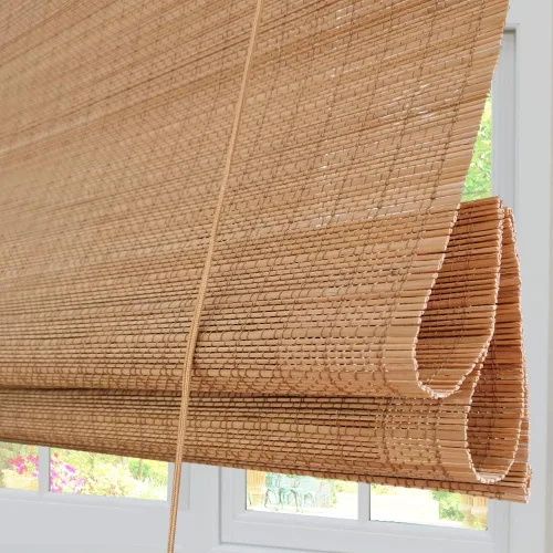 Vista 8 de Persianas romanas de bambú sin cordón para ventana, persianas de madera filtrantes de luz con cenefa de 7 pulgadas de alto, persianas enrollables