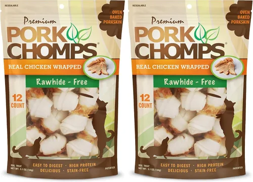 Vista 10 de Pork Chomps Masticables para perros de piel de cerdo al horno, 2.5 pulgadas, mini nudos, tocino, 12