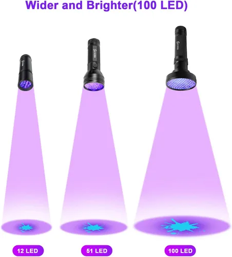 Vista 4 de ESCO LITE Linterna UV de luz negra, 100 luces LED negras para detección de orina de mascotas, linternas ultravioleta para orina de perro