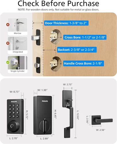 Vista 7 de Cerradura inteligente Wi-Fi Philips con cerrojo de puerta y manija, juego de cerradura de puerta sin llave para puerta delantera, cerradura