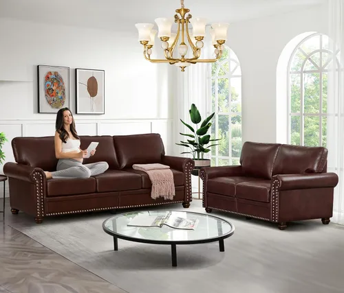 Vista 3 de Antetek Juego de sofá de piel sintética de 3 piezas, sillón moderno de mediados de siglo+sofá biplaza+sofá de 3 plazas con espacio de Marrón