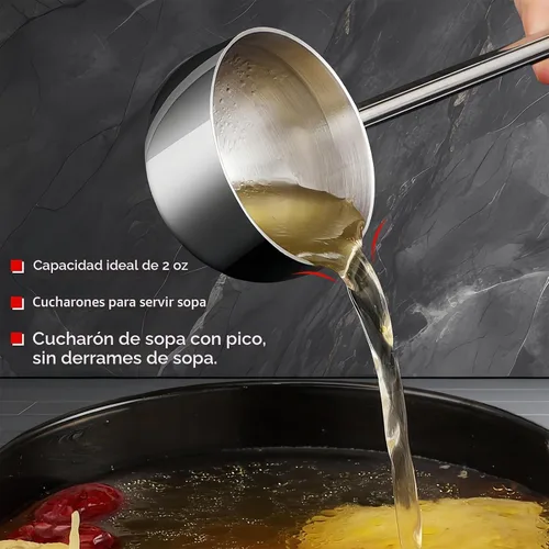 Vista 4 de Cucharón de sopa pequeño SUS304 de acero inoxidable con boquilla para verter 2 onzas, cucharones de salsa de mango largo, resistentes al calor