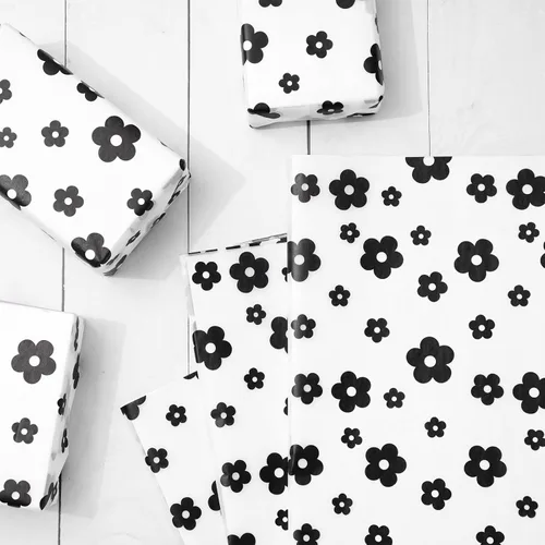 Vista 3 de Whaline 100 hojas de papel de seda bohemio con margaritas color negro y blanco, papel de regalo floral para manualidades, manualidades, flores
