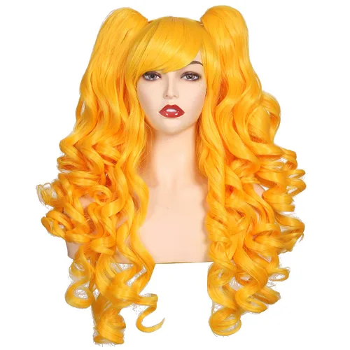 Vista 26 de ColorGround Peluca larga y rizada para cosplay con 2 colas de caballo (azul celeste)