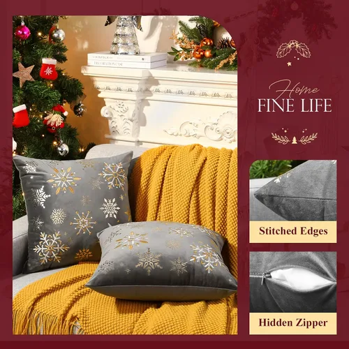 Vista 2 de Fundas de cojín decorativas de Lewondr para Navidad, con bordado de copo de nieve y patrón de estampado en caliente, para sofá, cama, silla Gris
