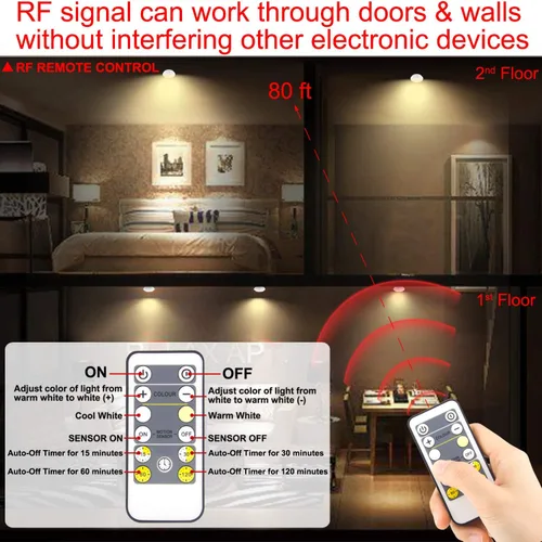 Vista 4 de HONWELL Lámpara de techo LED a pilas, luz de techo con sensor de movimiento, luz de ducha inalámbrica con control remoto RF de 80 pies a través