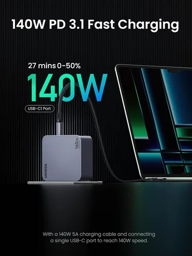 Vista 3 de UGREEN Nexode Pro 160W GaN Cargador de portátil USB C, cargador rápido PD 3.1 PPS de 4 puertos para MacBook Pro, Pixelbook, Dell XPS, iPad Pro