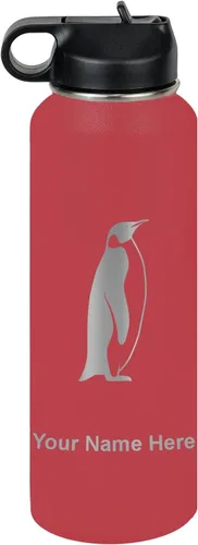 Vista 10 de LaserGram Botella de agua personalizada, pingüino, acero inoxidable de doble pared aislada al vacío con popote superior, regalo grabado
