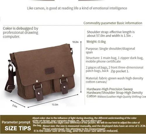 Vista 3 de Bolso de mensajero para hombre Gutim de lona, bolso de hombro retro cruzado mochila militar, Gris