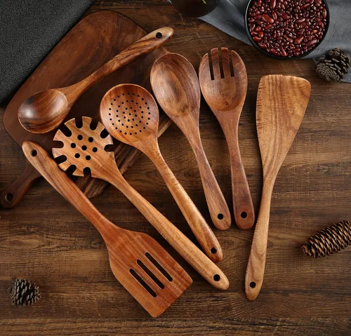 Vista 5 de Juego de utensilios de cocina de madera, 7 cucharas y espátulas de madera de teca natural para sartén antiadherente