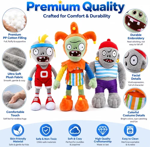 Vista 5 de Dyharnsty 3 piezas de juguetes de peluche de Plants vs Zombies, Zombie Sport Jester Gargantuar Zombi, figura suave, plantas contra zombies, juguetes