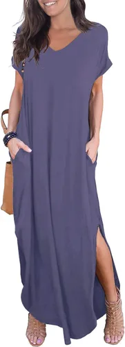 Vista 33 de GRECERELLE - Vestido largo para mujer, holgado, con bolsillos, manga corta y abertura lateral, estilo informal Verde militar