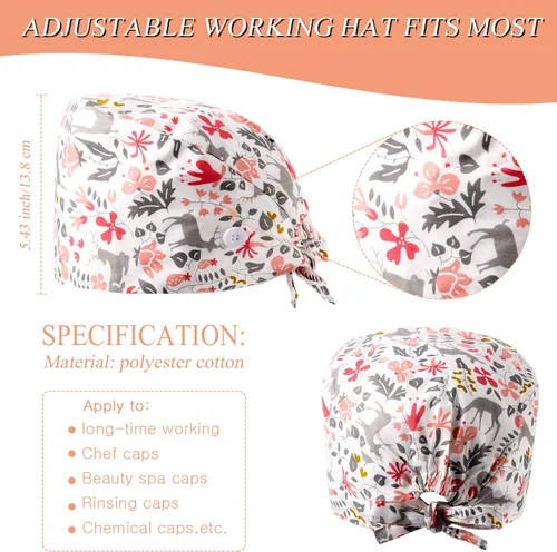 Vista 2 de 12 gorras de trabajo para mujer con botones y banda para el sudor, sombreros bouffant ajustables, unisex, gorras quirúrgicas desechables, gorros
