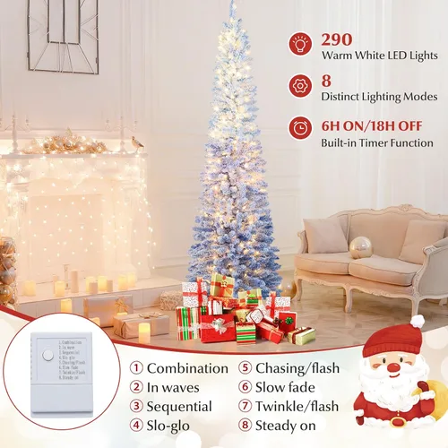 Vista 3 de Goplus Árbol de Navidad Artificial Delgado Tipo Lápiz con Bisagras de 7 Pies con Efecto Nieve Azul Degradado, Pre-Iluminado con 290 Luces LED
