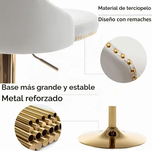 Vista 4 de Cinxzar Juego de 2 taburetes de bar de terciopelo dorado, taburetes de bar giratorios de altura de mostrador con ribete de cabezas de clavos y Beige