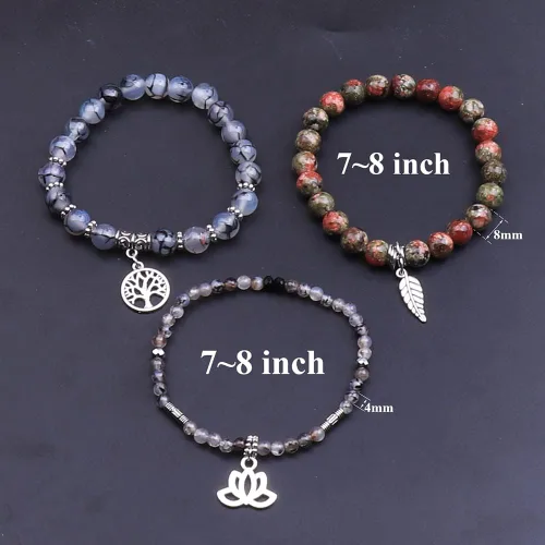 Vista 2 de UEUC - Pulseras Reiki, apilables, de piedras curativas, cristales, con dije del árbol de la vida, yoga y hoja de loto, contra la ansiedad
