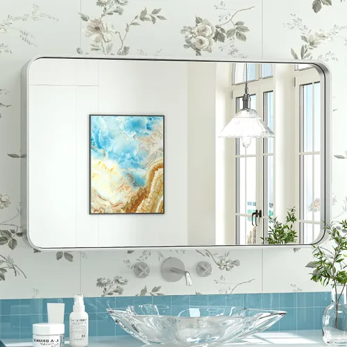 Vista 52 de TokeShimi Espejo de pared de baño de níquel cepillado de 20 x 30 pulgadas, marco de metal, esquina redonda, rectangular, para decoración del hogar