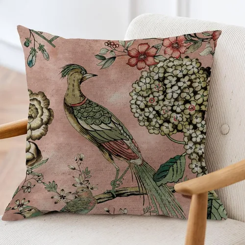 Vista 3 de ArogGeld Fundas de almohada de granja de camelia y pavo real, color rosa, rubor, chinoiserie, pájaro, blanco, lino, funda de cojín chinoiserie