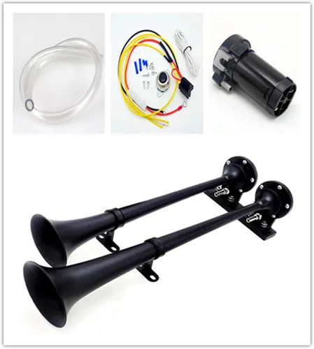 Vista 4 de Bocina de aire para coche, 160db, 24 V, cromado, negro, zinc, doble tubo, trompeta, bocina eléctrica, bocina de alarma, bocina de alarma