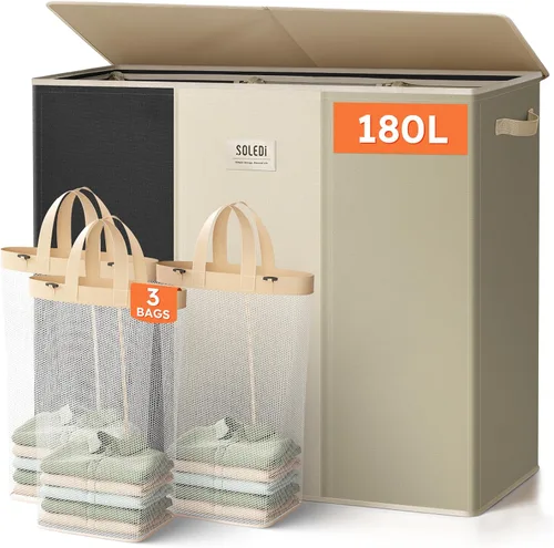 Vista 23 de SOLEDI Cesta de lavandería de 3 secciones de 180L con tapa, cesta de ropa sucia extragrande con asas resistentes para lavandería y dormitorio